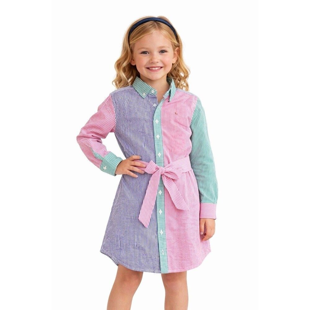 Polo Ralph Lauren Seersucker Colorblock Shirt Dress Size 10 Pink Green Blue Pink